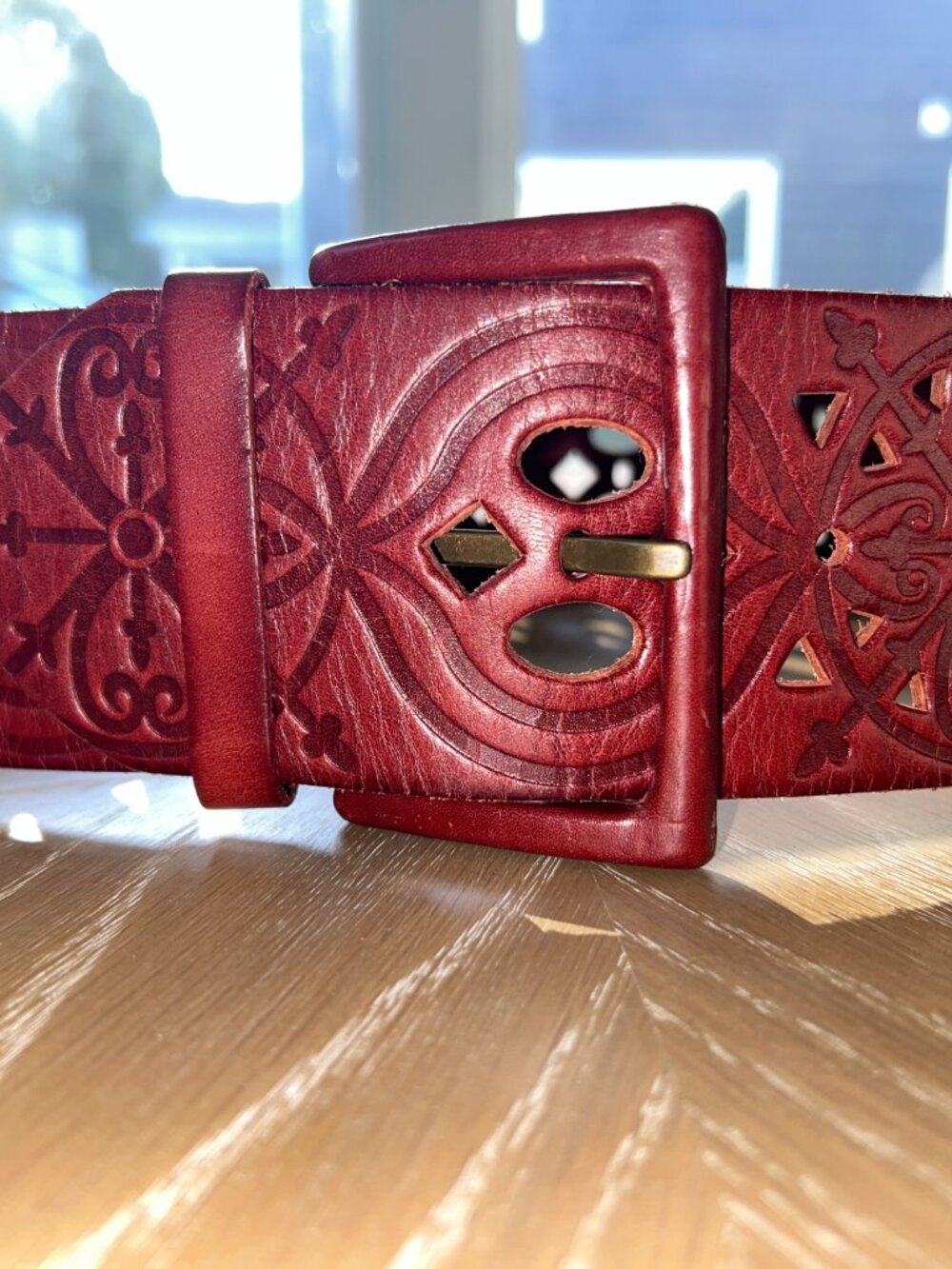 Vintage Linea Pelle Handmade Oxblood Leather Wide Boho Belt w/ Laser Cutout